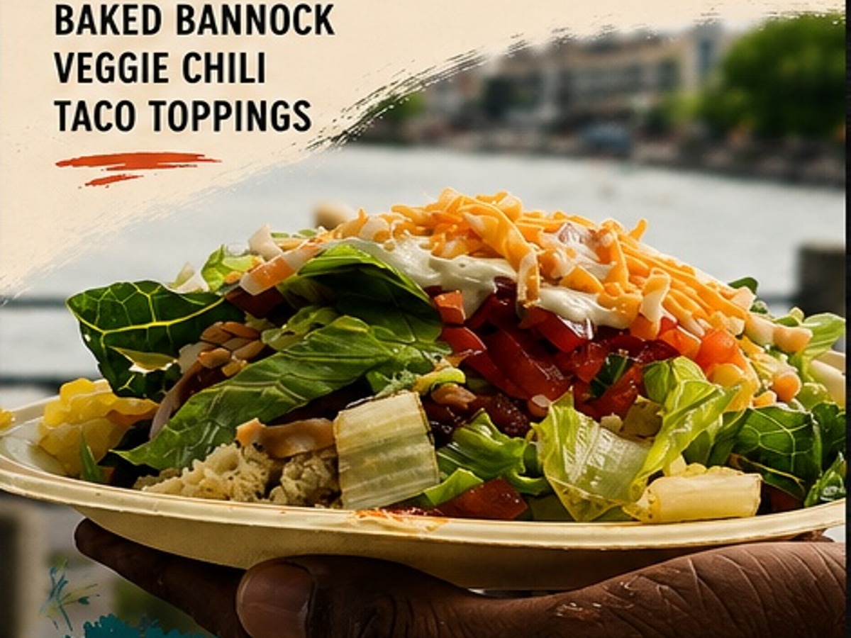 Reconciliation Taco with baked bannock, veggie chili and taco toppings